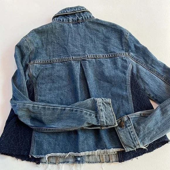 Free People Women's Lace panel Cropped Denim‎ Jacket Blue casual everyday XS - Picture 6 of 7